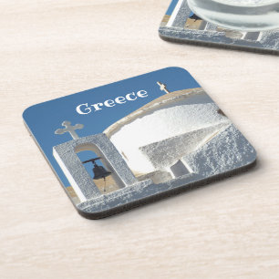 ICONIC ROUND WHITE CHURCH IN GREECE COASTER