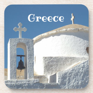 ICONIC ROUND WHITE CHURCH IN GREECE COASTER