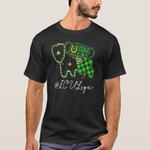 Icu Life Nurse Stetoscope Leopard Shamrock St Patr T-Shirt