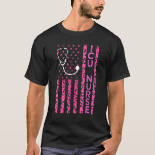 Icu Nurse Leopard Print Pink Usa Flag Patriotic Nu T-Shirt