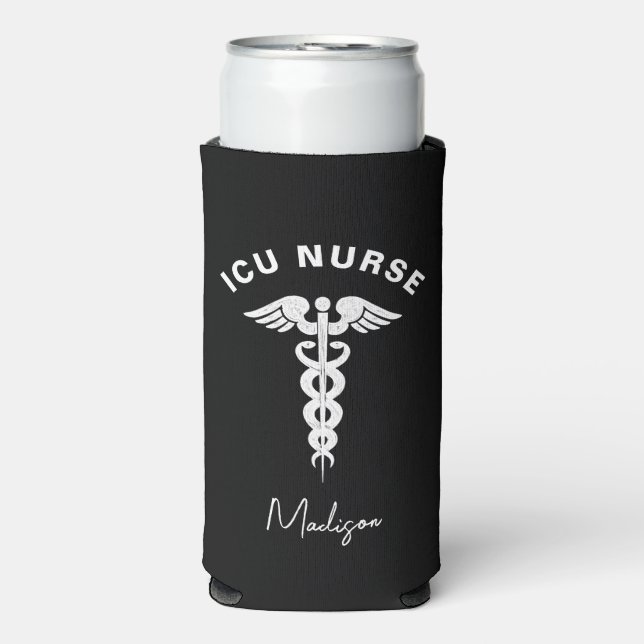 ICU Nurse Medical Caduceus Script Personalised Seltzer Can Cooler (Seltzer Front)