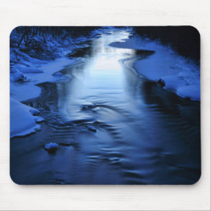 Icy and snowy river with winter blue mouse mat