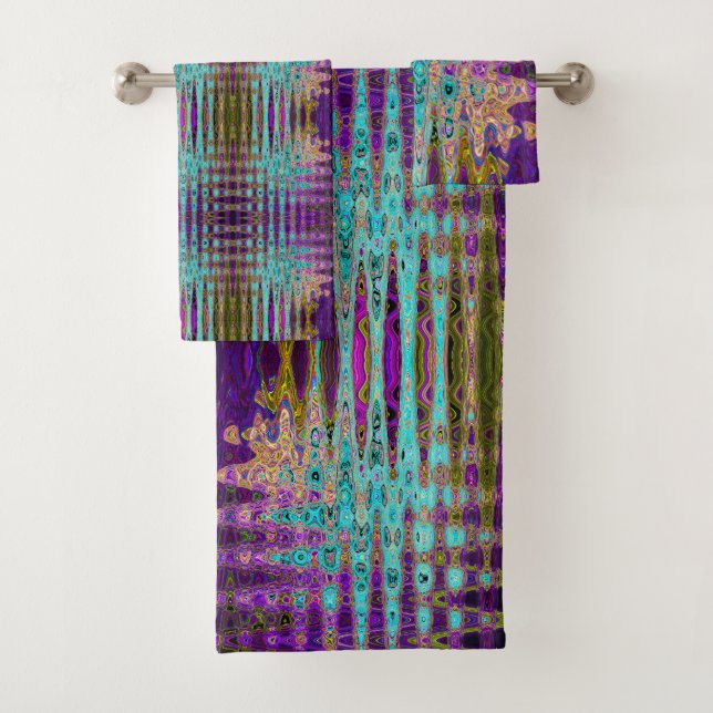 Icy Aqua Blue Groovy Abstract Retro Atomic Waves Bath Towel Set (Insitu)