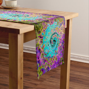 Icy Aqua Blue Groovy Abstract Retro Liquid Swirl Long Table Runner