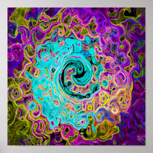 Icy Aqua Blue Groovy Abstract Retro Liquid Swirl Poster