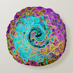 Icy Aqua Blue Groovy Abstract Retro Liquid Swirl Round Cushion