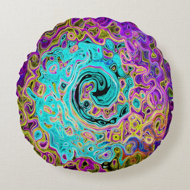 Icy Aqua Blue Groovy Abstract Retro Liquid Swirl Round Cushion (Front)