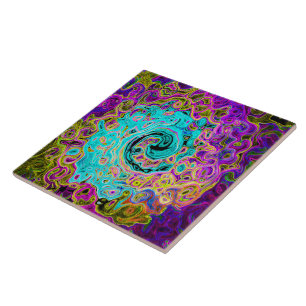 Icy Aqua Blue Groovy Abstract Retro Liquid Swirl Tile