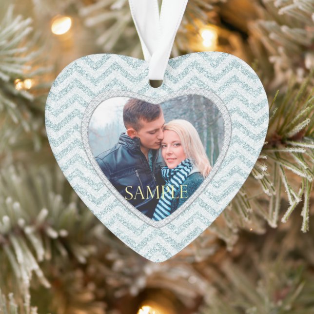 Icy Aqua Chevron Photo Template First Christmas Ornament (Tree)