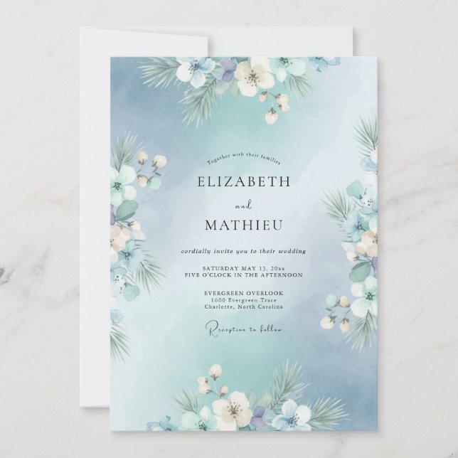 Icy Azure Petal Wedding Invitation (Front)