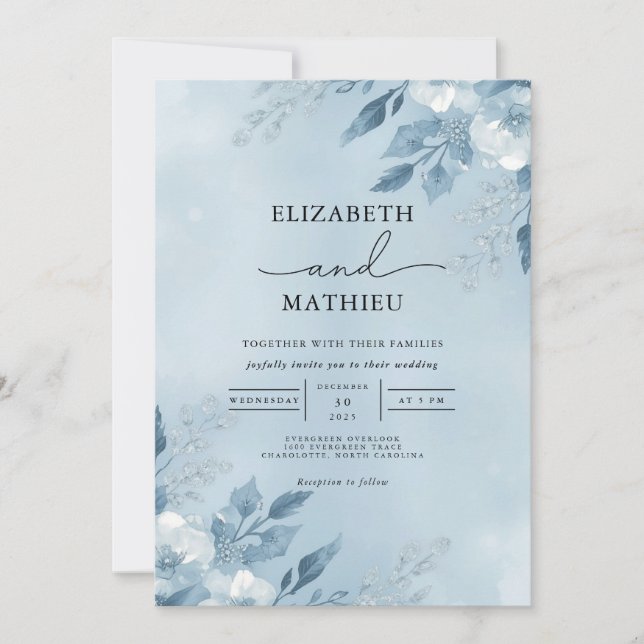 Icy Bloom Floral Winter Wedding Invitation (Front)