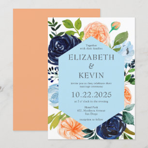Icy Blue and Peach Watercolor Flowers Wedding  Invitation