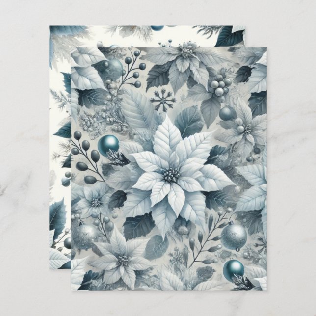 Icy Blue and White Poinsettia Scrapbook Paper (Front/Back)