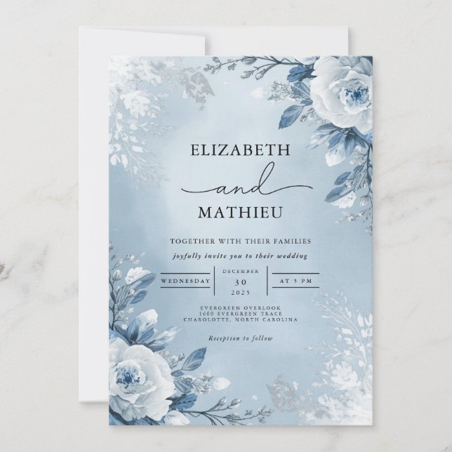 Icy Blue Botanical Bloom Wedding Invitation (Front)
