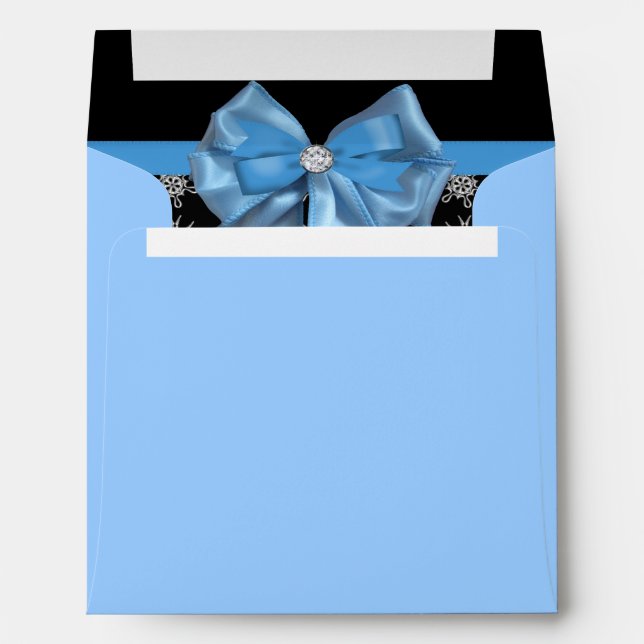 Icy Blue Bow On Black Winter Snowflakes Wedding Envelopes (Back (Bottom))