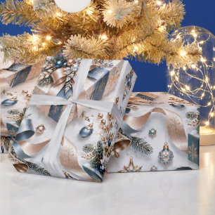 Icy Blue Champagne Christmas Ribbons Wrapping Paper