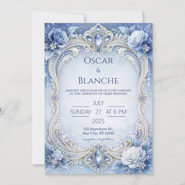 Icy Blue Crystal Rose Frame Wedding Invitation (Front)