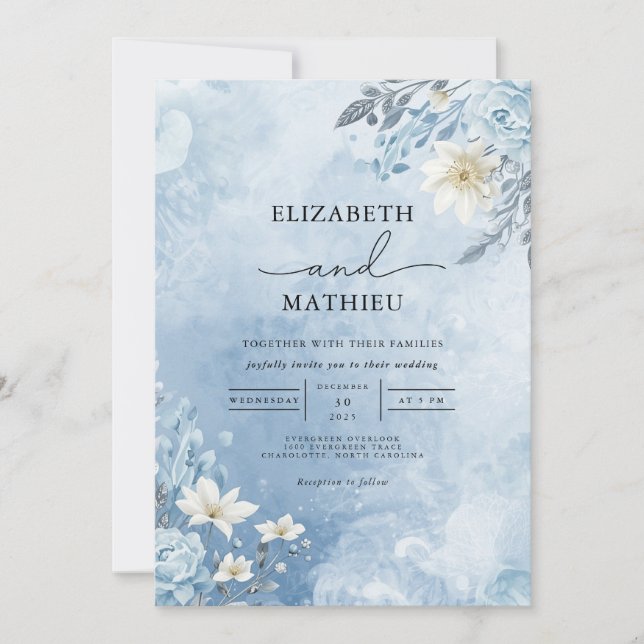 Icy Blue Frost Bloom Wedding Invitation (Front)