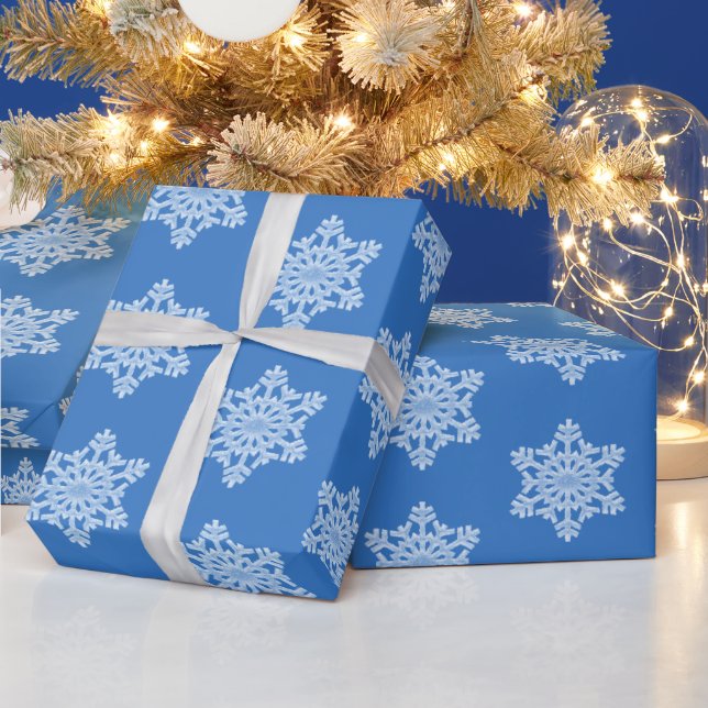 Icy Blue Frozen Dimensional Snowflakes Christmas Wrapping Paper (Holidays)