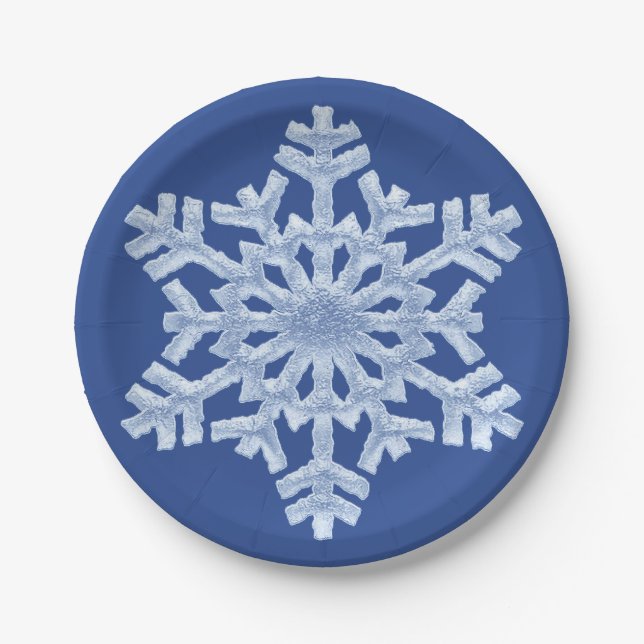Icy Blue Frozen Snowflake Frosty Winter Christmas Paper Plate (Front)