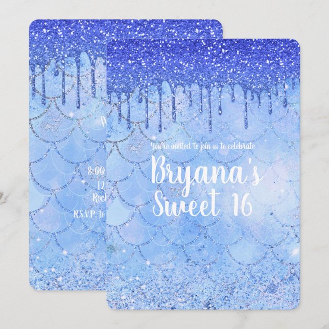 Icy Blue Glitter Drip Mermaid Sweet 16 Party Invitation (Front/Back)