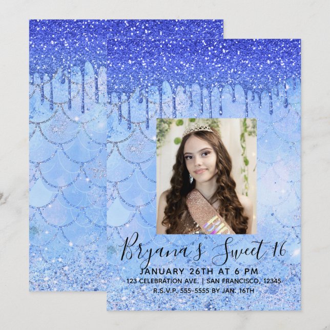 Icy Blue Glitter Drip Mermaid Sweet 16 Photo Invitation (Front/Back)