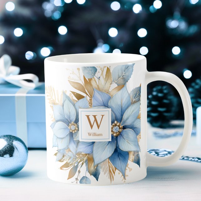  Icy Blue Gold Poinsettia Christmas MONOGRAM Coffee Mug (Icy Blue Gold Poinsettia Christmas MONOGRAM Coffee Mug)
