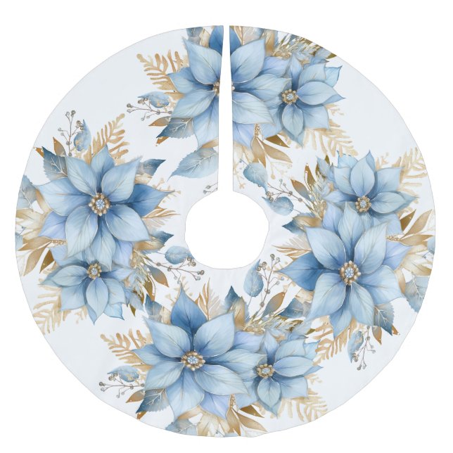  Icy Blue Gold Poinsettia Flower Christmas Brushed Polyester Tree Skirt (Front)