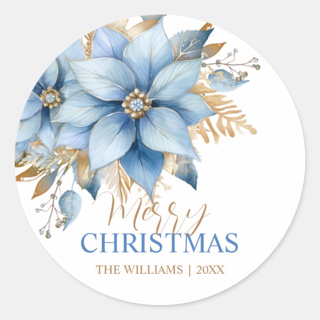  Icy Blue Gold Poinsettia Flower Christmas Classic Round Sticker (Front)