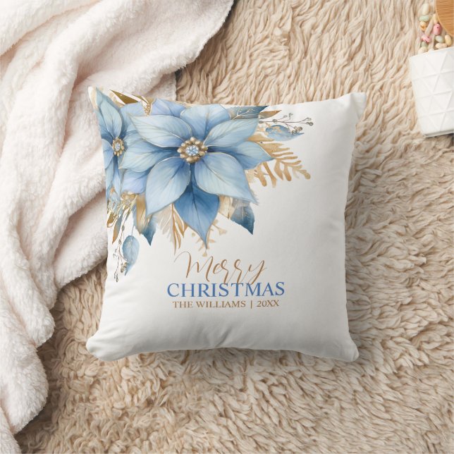  Icy Blue Gold Poinsettia Flower Christmas Cushion (Blanket)