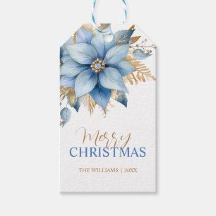 Icy Blue Gold Poinsettia Flower Christmas Gift Tags