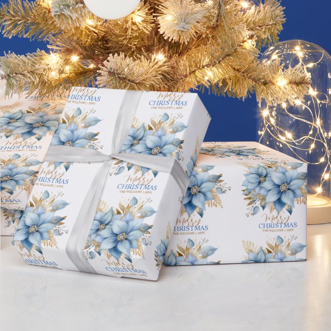 Icy Blue Gold Poinsettia Flower Christmas | NAME Wrapping Paper (Holidays)