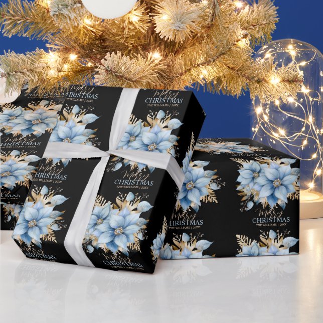 Icy Blue Gold Poinsettia Flower Christmas | NAME Wrapping Paper (Holidays)