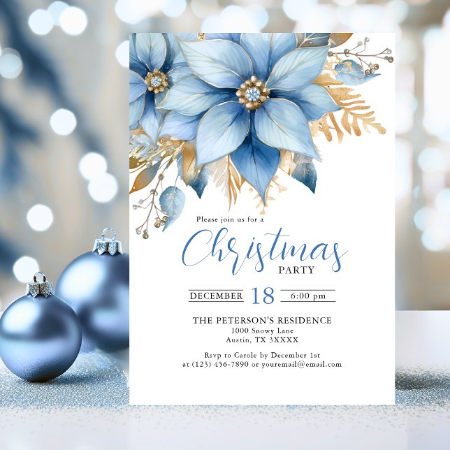 Icy Blue Gold Poinsettia Flower CHRISTMAS Party Invitation (Icy Blue Gold Poinsettia Flower CHRISTMAS Party Invitation)