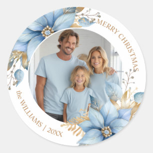  Icy Blue Gold Poinsettia Flower Christmas PHOTO Classic Round Sticker