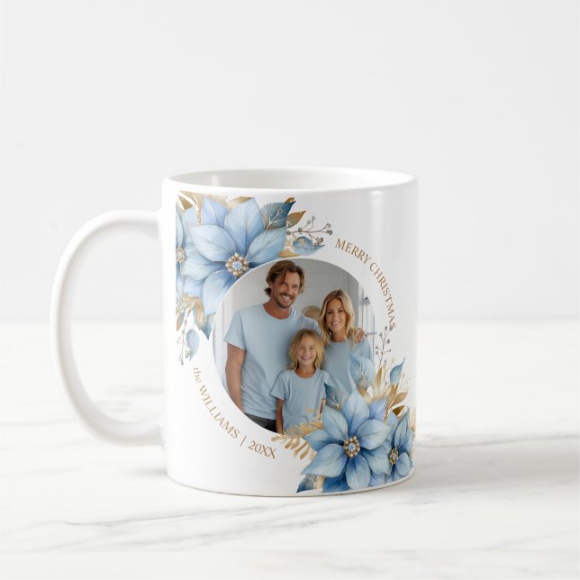 Icy Blue Gold Poinsettia Flower Christmas PHOTO Coffee Mug (Left)