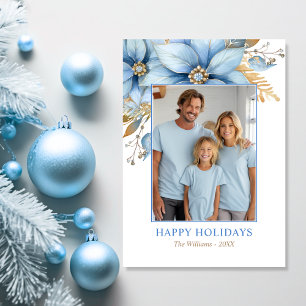 Icy Blue Gold Poinsettia Flower Christmas PHOTO Holiday Card