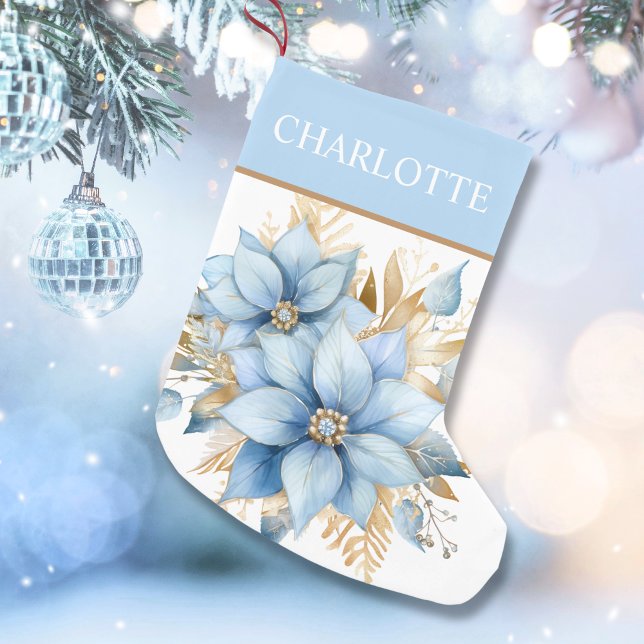  Icy Blue Gold Poinsettia Flower Christmas Small Christmas Stocking (Icy Blue Gold Poinsettia Flower Christmas Small Christmas Stocking)