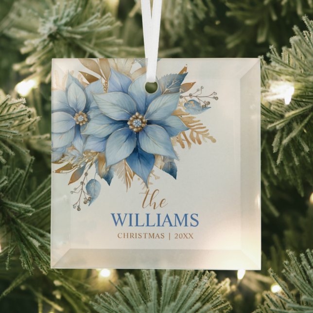  Icy Blue Gold Poinsettia Flower Christmas Tree Glass Tree Decoration (Insitu)