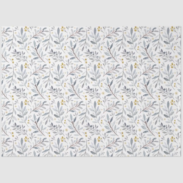 Icy Blue Gold Watercolor Winter Botanical Pattern Tissue Paper (Front)
