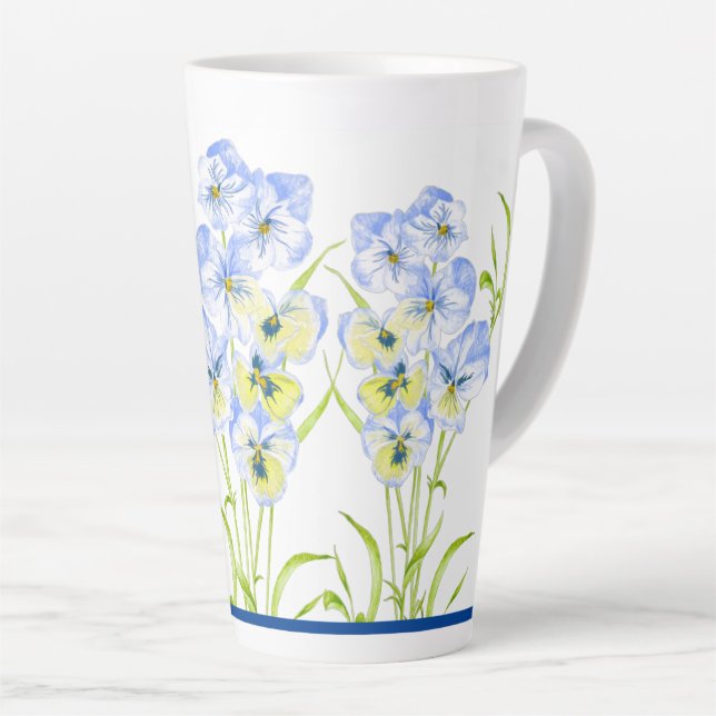 Icy Blue Pansies on a Large Latte Mug (Right Angle)