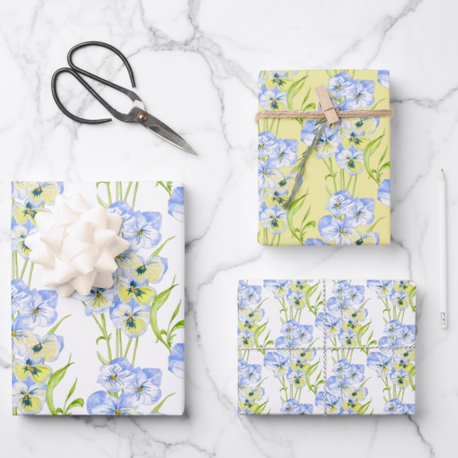 Icy Blue Pansies on Wrapping Paper Set  (Front)