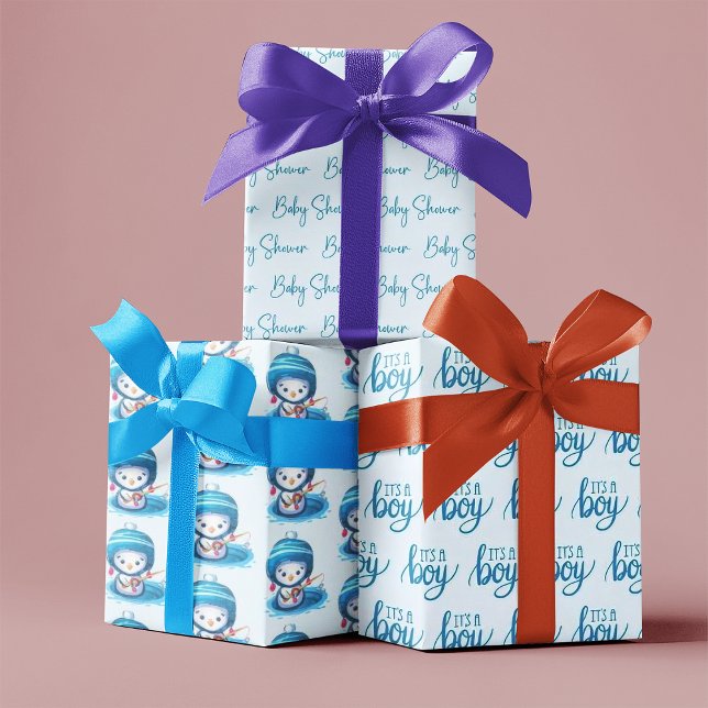 Icy Blue Penguin Baby Shower Wrapping Paper Sheets (Creator Uploaded)