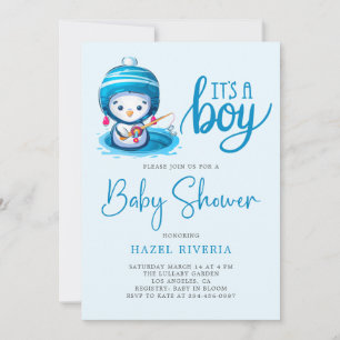 Icy Blue Penguin It’s a Boy Baby Shower  Invitation