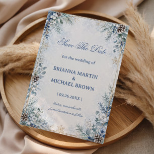Icy Blue Pinecone Winter Romance Save The Date