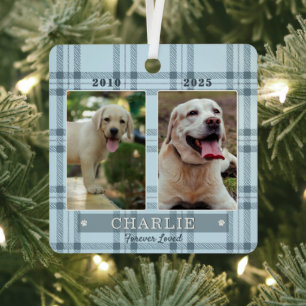 Icy Blue Plaid Dog Rainbow Bridge Keepsake Metal Tree Decoration