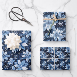 Icy Blue Poinsettias and Snowflakes on Navy Wrapping Paper Sheet