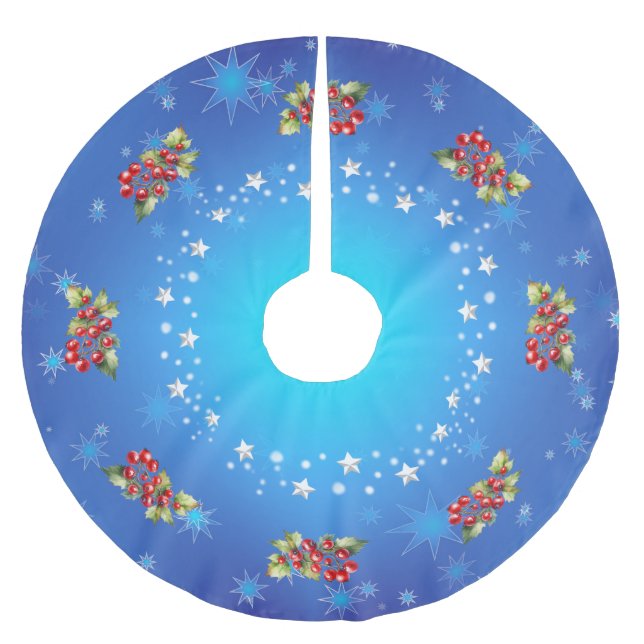 Icy Blue Red Berries & Stars Christmas Brushed Polyester Tree Skirt (Front)