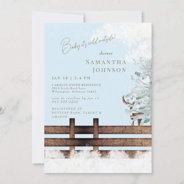 Icy Blue Rustic Woodland Baby it's Cold Outside Invitation (Front)