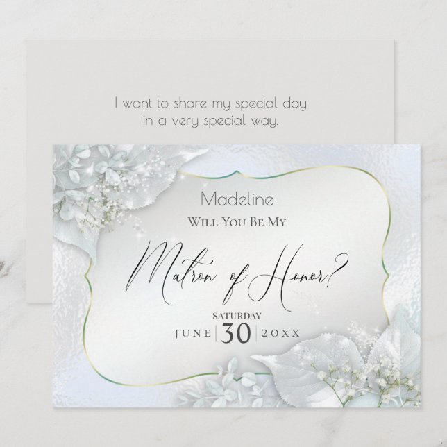Icy Blue Shimmer Will You Be My Matron of Honour Invitation (Front/Back)